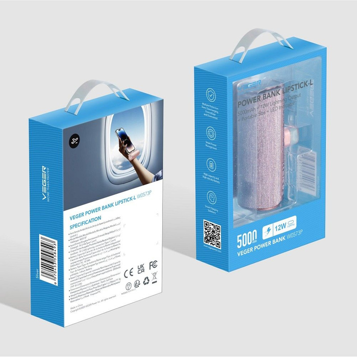 Powerbank Veger PlugOn (W0573P) PD QC3.0 2,4A 12W 5000 mAh z wbudowanym złączem Lightning rózowy