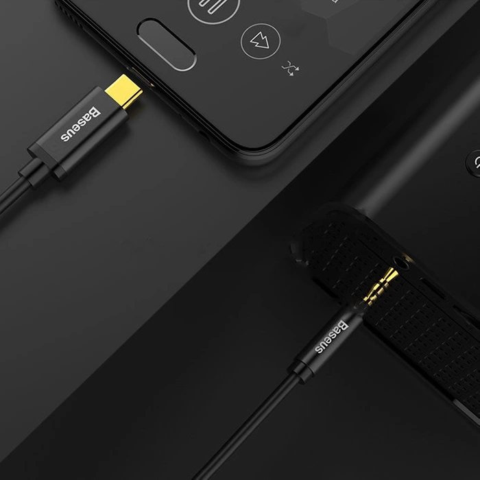Baseus kabel audio stereo przejścióka AUX 3,5 mm mini jack - USB Typ C do telefonu tabletu 120cm czarny (CAM01-01)