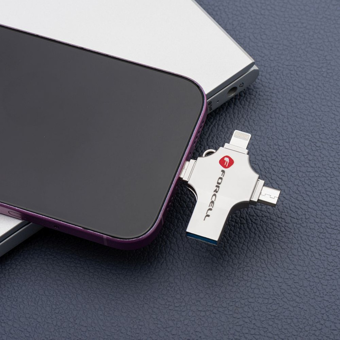 Pendrive 64GB USB 3.2 Gen 1 (USB A / USB C / Lightning / Micro USB) Forcell F-Data Metal Quad srebrny