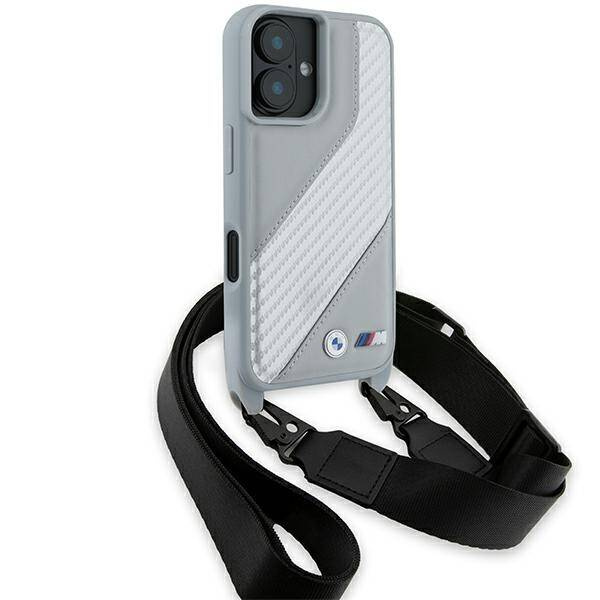 Etui BMW iPhone 16 szary/grey hardcase M Edition Carbon Stripe & Strap
