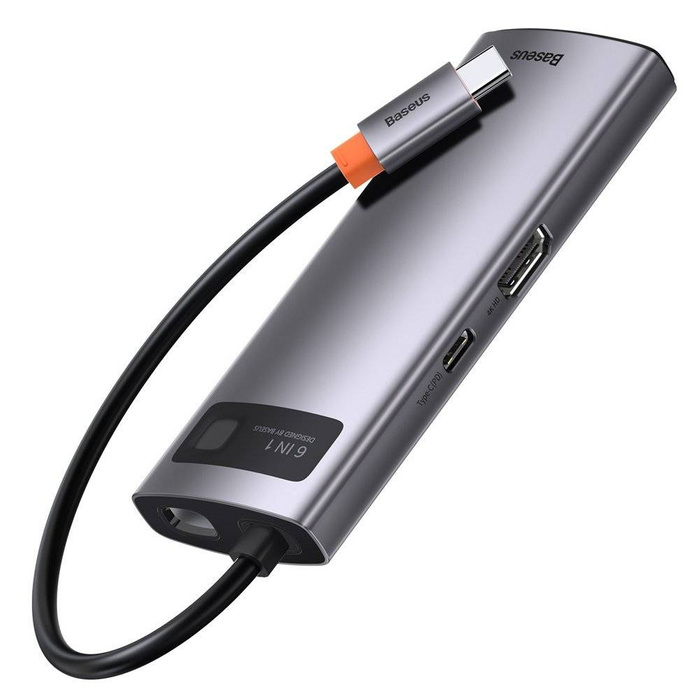 Baseus Metal Gleam 6w1 wielofunkcyjny hub USB Typ C - USB Typ C Power Delivery 100 W / HDMI 4K 30 Hz / 3x USB 3.2 Gen 1 / RJ45 1 Gbps Szary (CAHUB-CW0G)