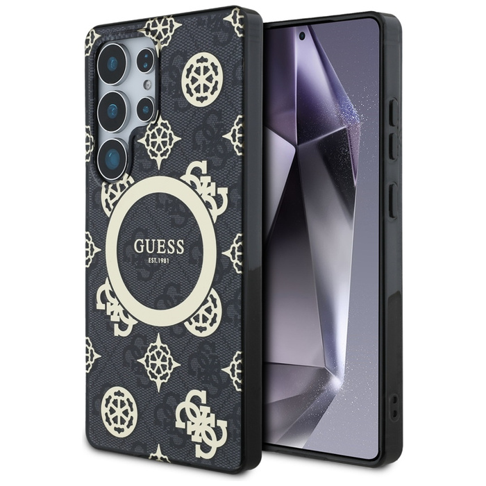 Etui Guess 4G Background Gold             Electroplated Peony Pattern MagSafe do Samsung Galaxy S25 Ultra czarny