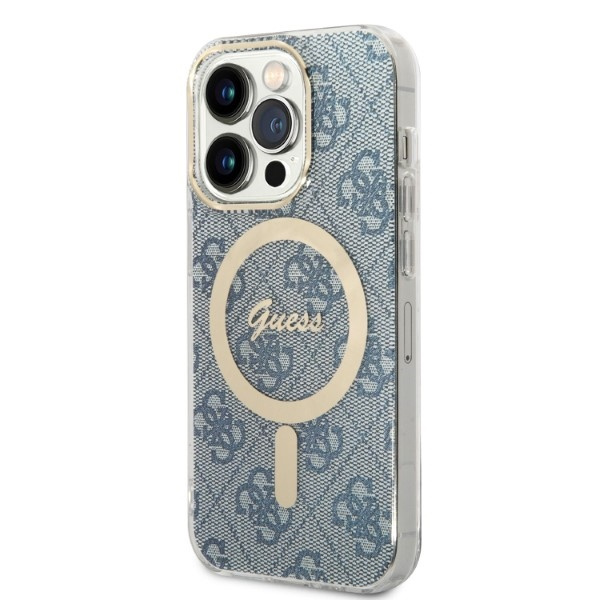 Zestaw Etui Guess Case+ Charger iPhone 14 Pro Max 6,7" niebieski/blue hard case 4G Print MagSafe