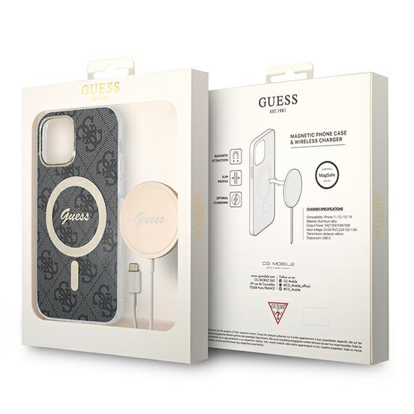Zestaw Etui Guess Case+ Charger iPhone 12/12 Pro czarny/black hard case 4G Print MagSafe