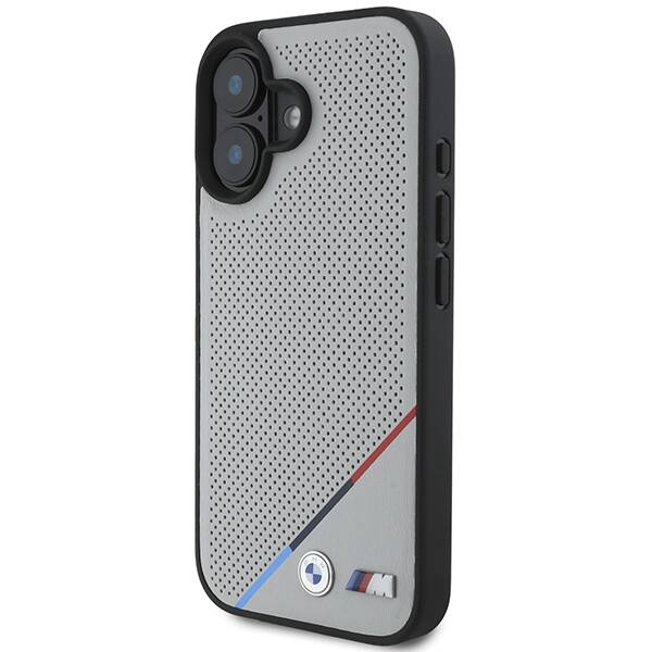 Etui BMW iPhone 16 6.1" szary/grey hardcase M Perforated Tricolor Line MagSafe