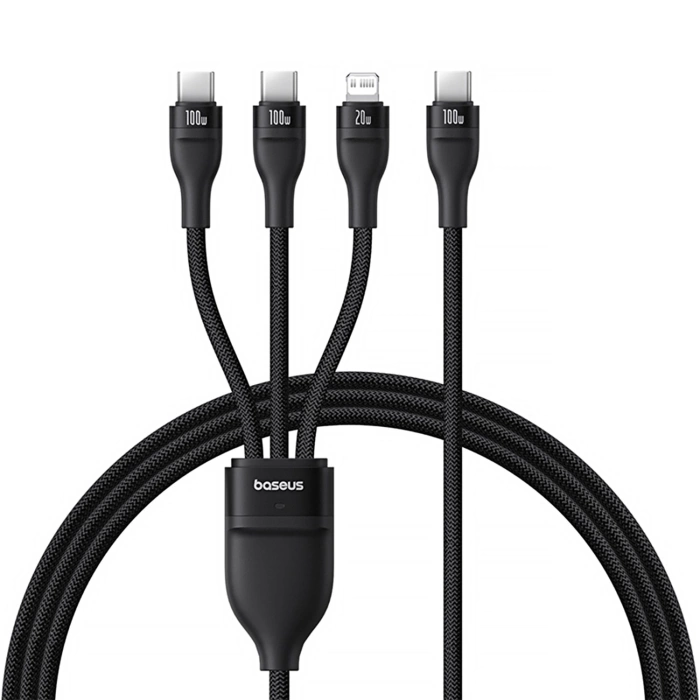 Kabel 3w1 Baseus Flash Series 3 100W USB-C - USB-C+USB-C+Lightning 1,5m + 3 x 0,25 m - czarny