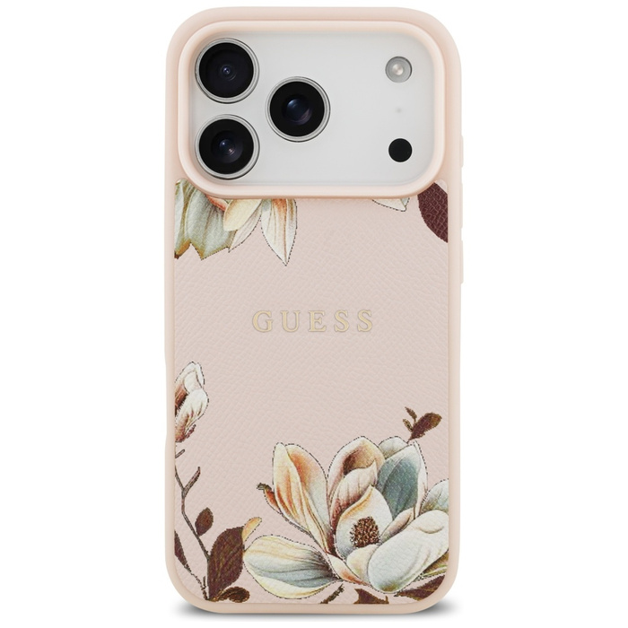 Etui Guess Grained Flowers Classic Logo  MagSafe do iPhone 17 Pro różowy