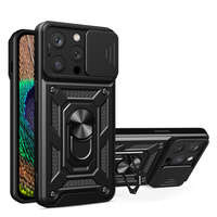 Etui Pancerne etui z podstawką i osłoną aparatu do iPhone 15 Pro Max Hybrid Armor Camshield - czarne Case