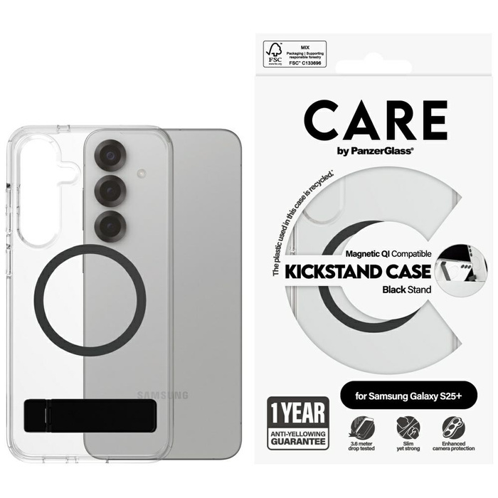 Etui CARE by PanzerGlass Feature Black    Kickstand & QI do Samsung Galaxy S25+ przezroczysty