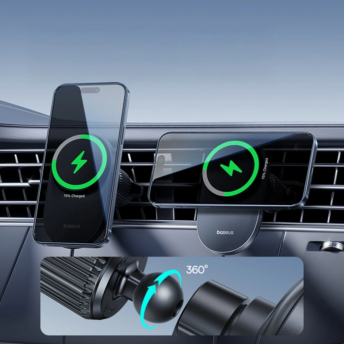 Uchwyt magnetyczny Baseus PrimeTrip VC2 Pro z ładowarką Qi2.2 z wentylatorem na kratkę nawiewu - czarny