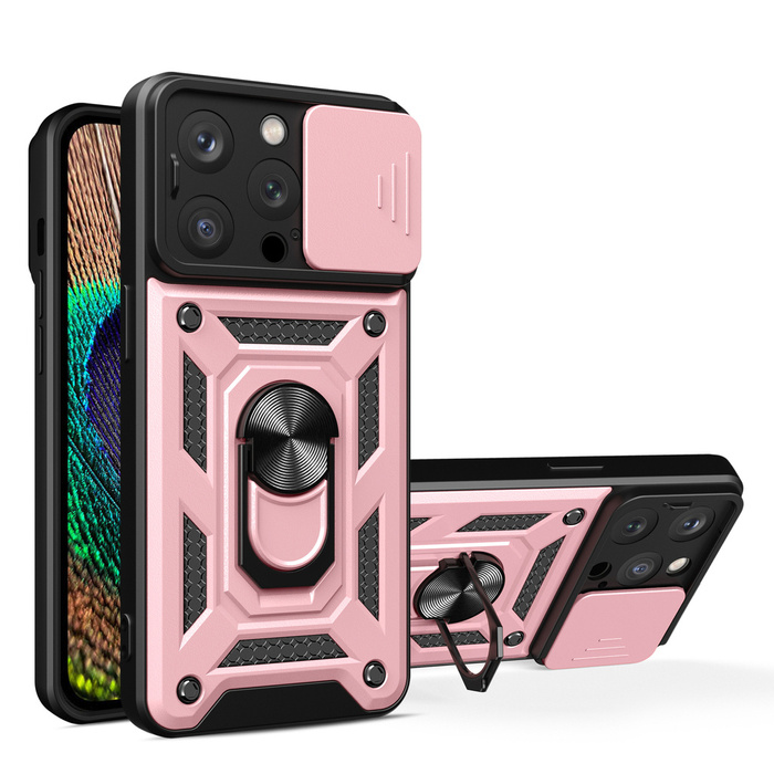 Etui Pancerne etui z podstawką i osłoną aparatu do iPhone 15 Pro Hybrid Armor Camshield - różowe Case