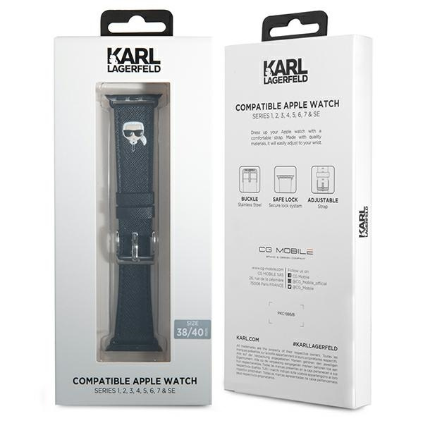 Pasek KARL LAGERFELD Apple Watch 38 40 41mm Strap Saffiano Karl Heads Czarny