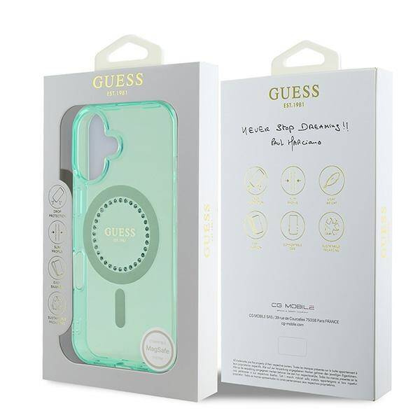 Etui Guess iPhone 16 6.1" zielony/green hardcase IML Rhinestones MagSafe