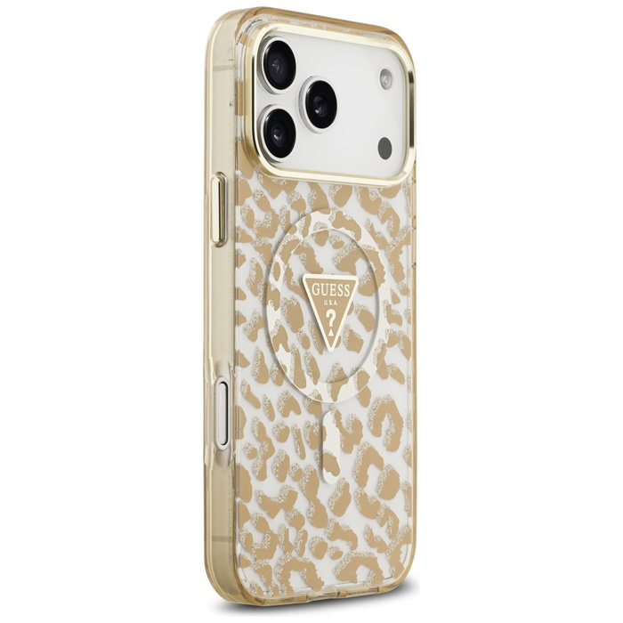 Etui Guess Leopard Glitter MagSafe do    iPhone 17 Pro brązowy