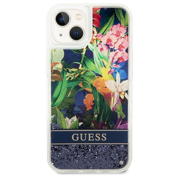 Etui GUESS Apple iPhone 14 Plus Flower Liquid Glitter Niebieski Hardcase