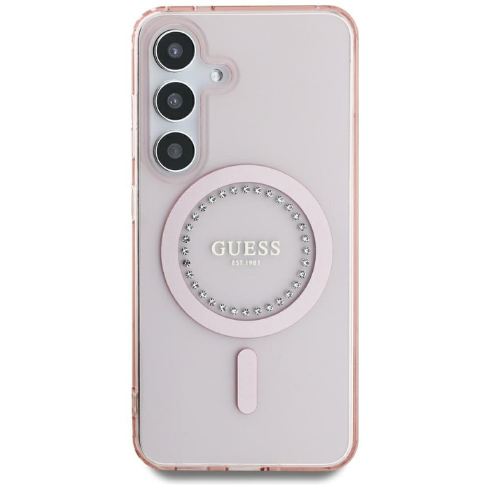 Etui Guess Rhinestones Printed Classic    Logo MagSafe Samsung Galaxy S25 różowy