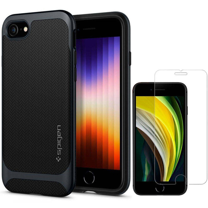 Etui Spigen iPhone SE 2022 2020 7 8 Neo Hybrid Metal Slate Szare Case + Szkło SPIGEN Glas.Tr Slim