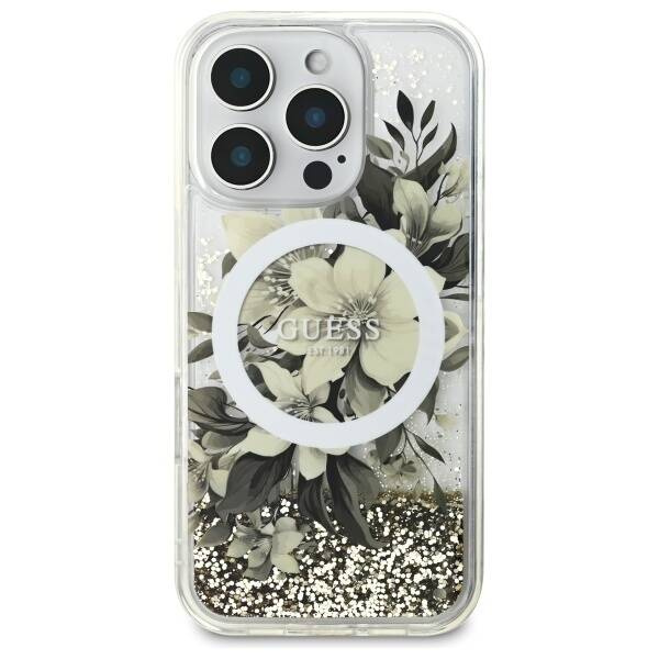 Etui Guess iPhone 16 Pro Max 6.9" beżowy/beige hardcase Liquid Glitter Flower MagSafe