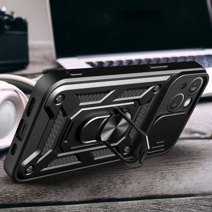 Etui Pancerne etui z podstawką i osłoną aparatu do iPhone 15 Plus Hybrid Armor Camshield - różowe Case