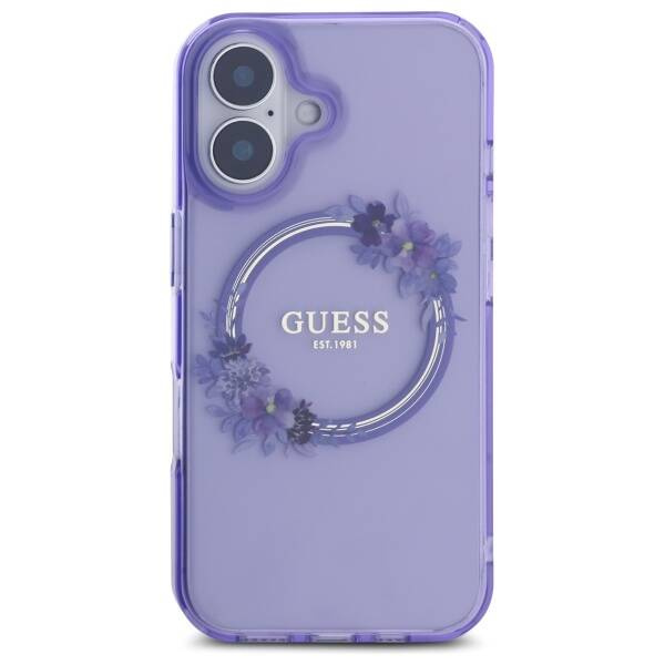Etui Guess iPhone 16 6.1" fioletowy/purple hardcase IML Flowers Wreath MagSafe