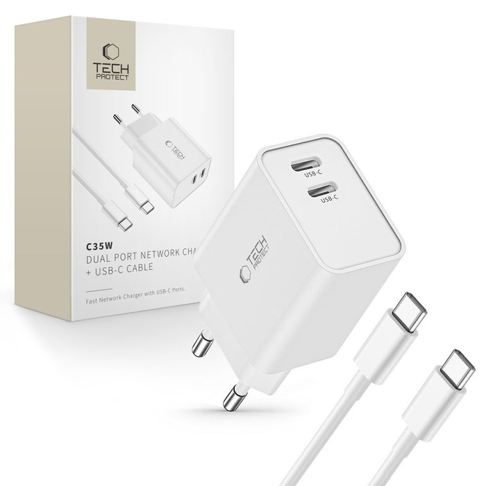 Tech-protect C35w 2-port Network Charger Pd35w + USB-C Cable White