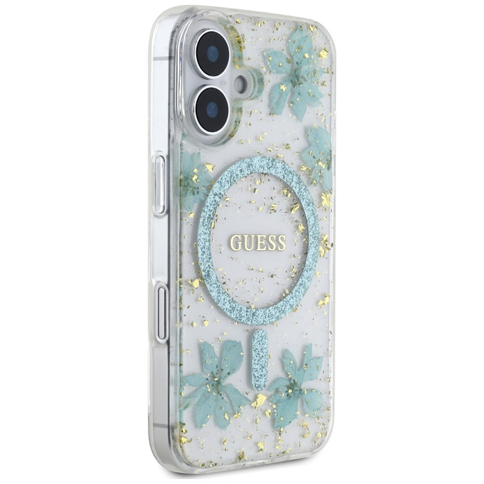 Etui Guess Resin Flowers Glitter MagSafe do iPhone 16 turkusowy