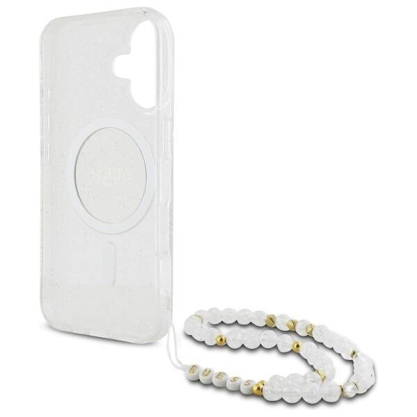 Etui Guess iPhone 16 6.1" przeźroczysty/transparent hardcase IML Glitter With Pearl Strap MagSafe