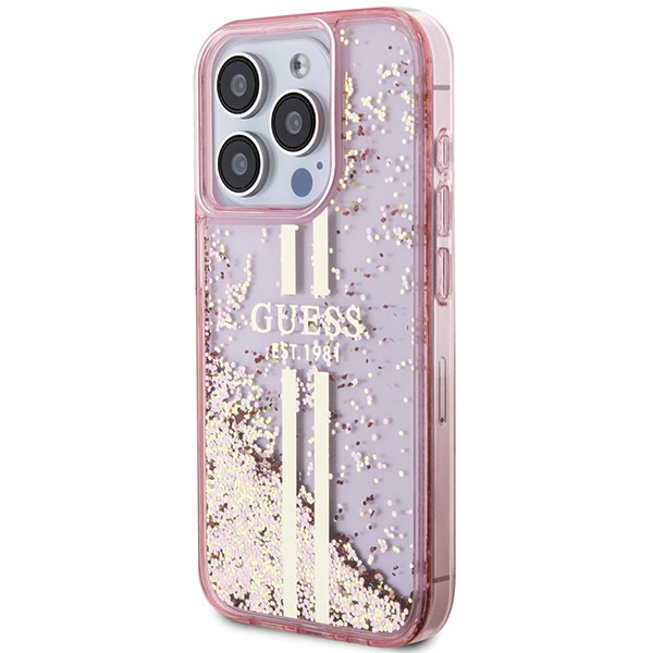 Etui Guess GUHCP15LLFCSEGP iPhone 15 Pro 6.1" różowy/pink hardcase Liquid Glitter Gold Stripes Case