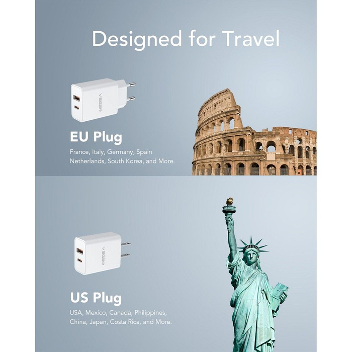 Ładowarka sieciowa do telefonu VEGER USB A + Typ C PD QC3.0 3A 30W VLS302U biała