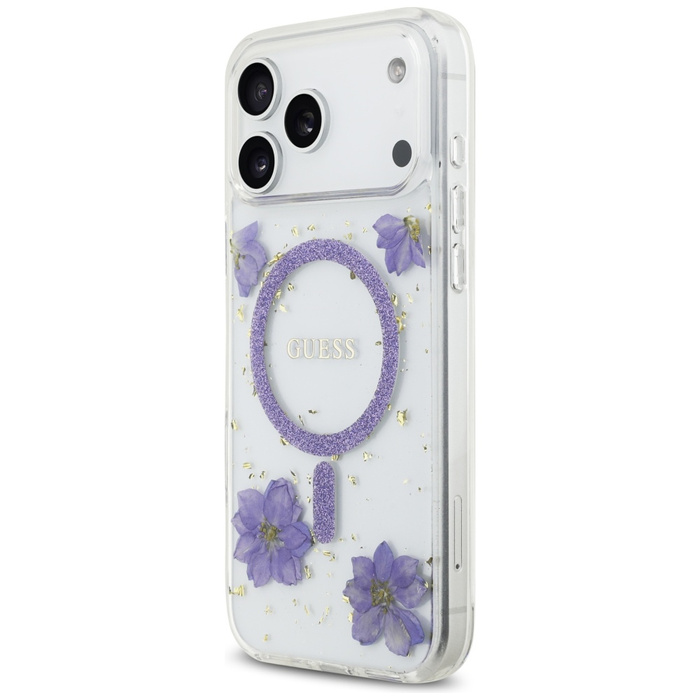 Etui Guess Resin Flowers Glitter MagSafe do iPhone 17 Pro Max fioletowy