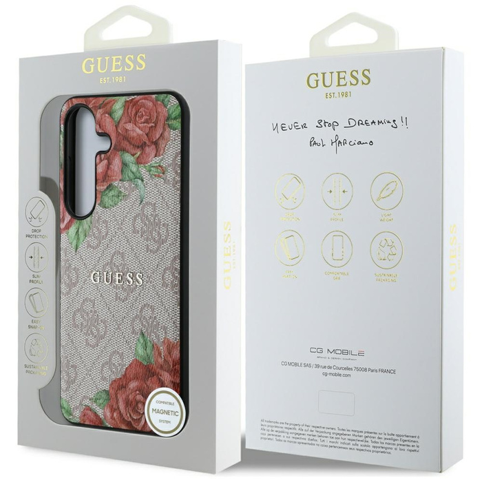 Etui Guess Leather 4G Flowers Print       Metal Classic Logo MagSafe Samsung Galaxy S25 różowy