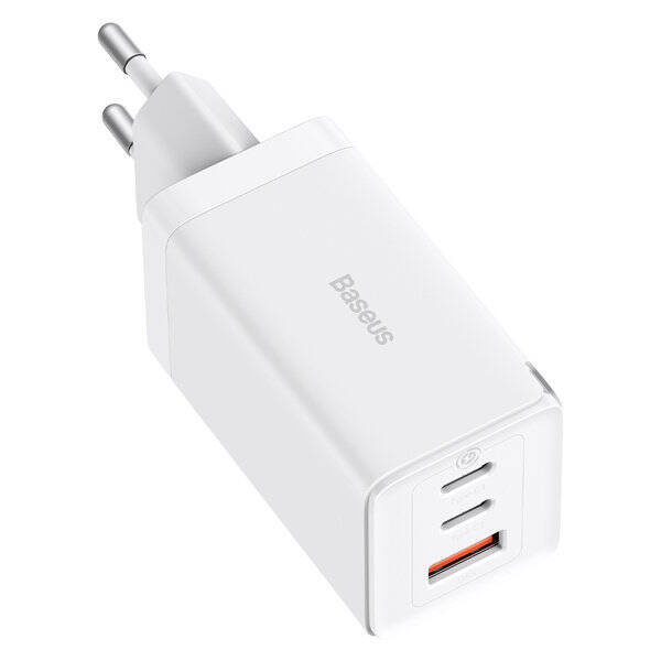 Szybka ładowarka sieciowa GaN 2 x USB C 1 x USB 65W Baseus GaN5 Pro + kabel USB C - USB C 100W - biała