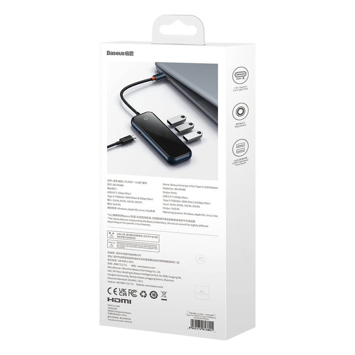 Baseus AcmeJoy 6-portowa stacja dokująca HUB (USB-C do USB-C PD&Data/2xUSB3.0/USB2.0/HDMI/RJ45) ciemnoszary (WKJZ01313)