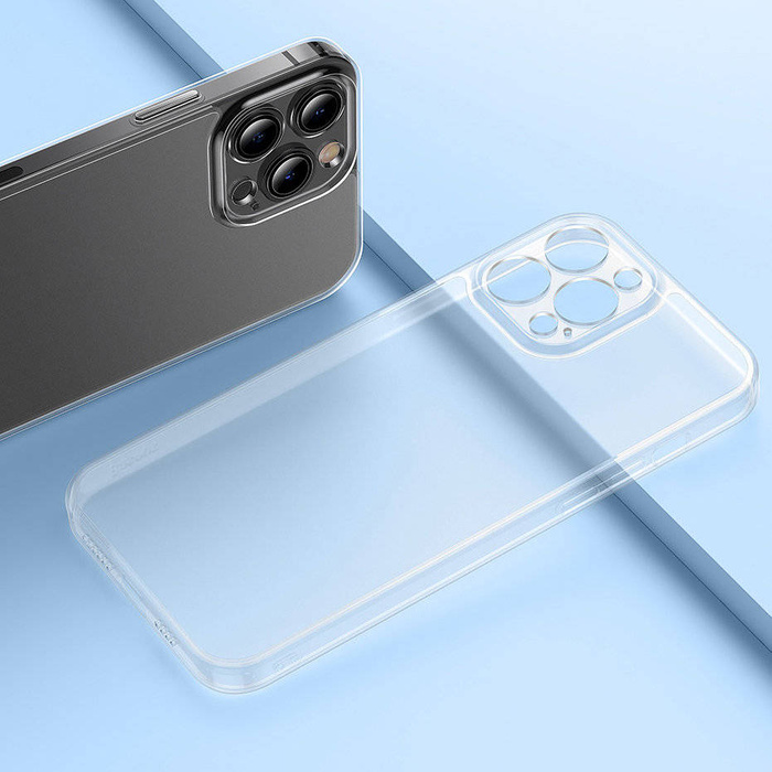 Etui Baseus Frosted Glass Case pokrowiec do iPhone 13 Pro Max sztywna obudowa z żelową ramką przezroczysty (ARWS000802)