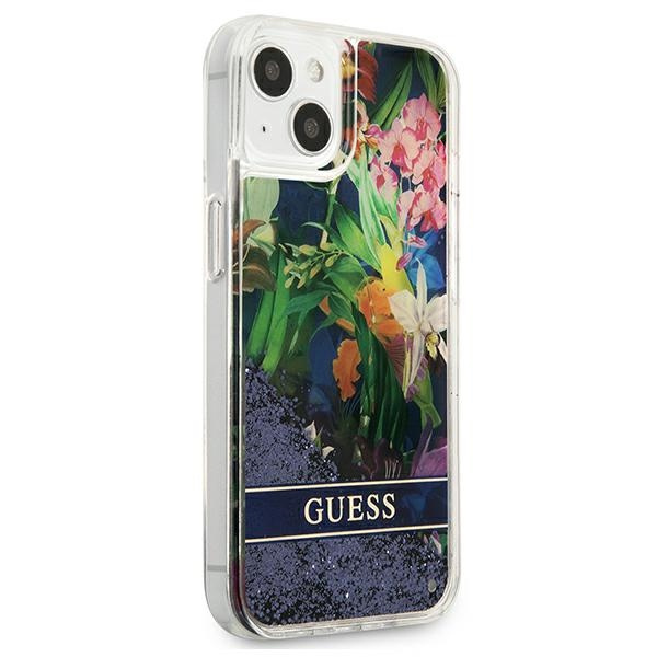 Etui GUESS Apple iPhone 13 Mini Flower Liquid Glitter Niebieski Hardcase