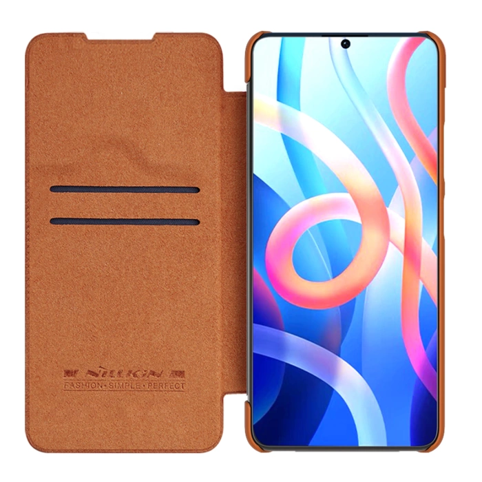 Nillkin Qin Case etui do Xiaomi Redmi Note 11T 5G / Note 11S 5G / Note 11 5G (China) / Poco M4 Pro 5G osłona na aparat kabura pokrowiec obudowa z klapką brązowy