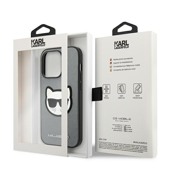 Etui KARL LAGERFELD Apple iPhone 14 Pro Max Saffiano Choupette Head Patch Srebrny Hardcase