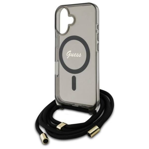 Etui Guess iPhone 16 6.1" czarny/black hardcase Crossbody Cord Script MagSafe