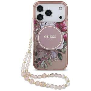 Etui Guess IML Flowers Pearl Strap       MagSafe do iPhone 17 Pro różowy