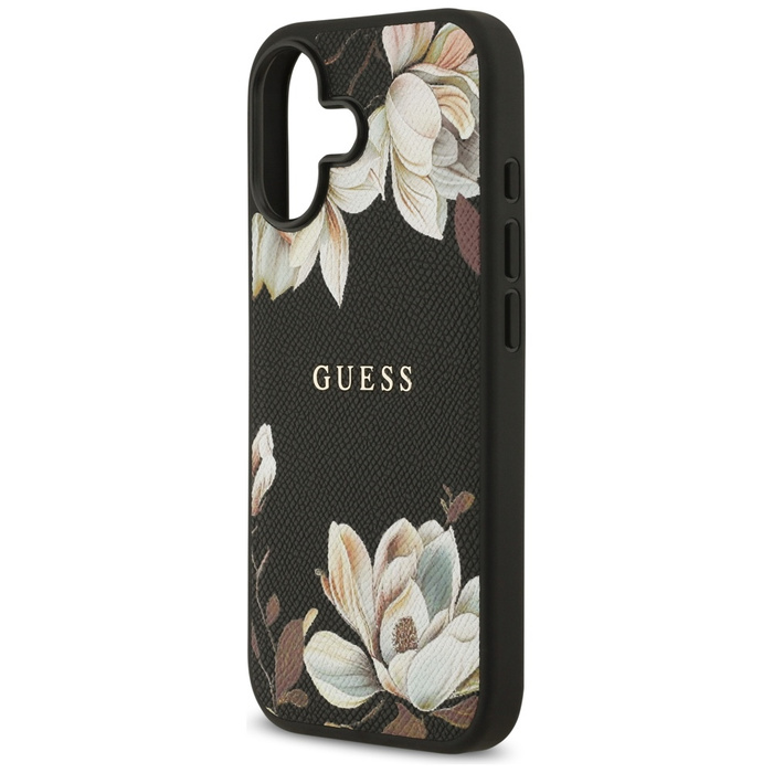 Etui Guess Grained Flowers Classic Logo  MagSafe do iPhone 17 czarny