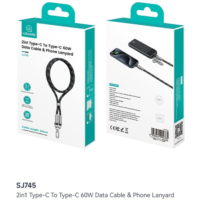 Smycz do telefonu z kablem do ładowania  Usams SJ745 60W USB-C do USB-C 1.2m zielony