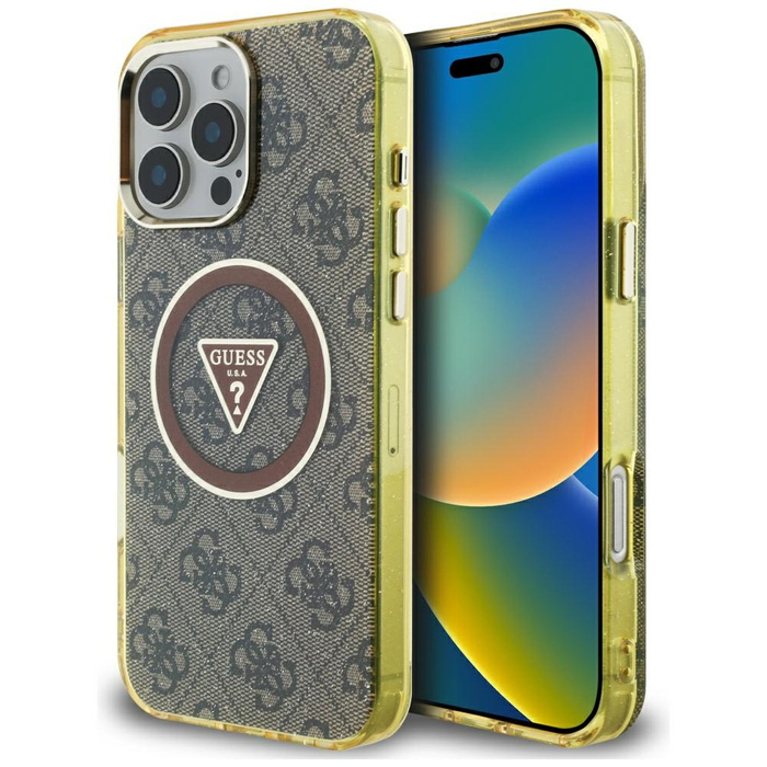 Etui Guess IML Metal Glitter 4G Circle   Triangle MagSafe do iPhone 16 Pro Max brązowy