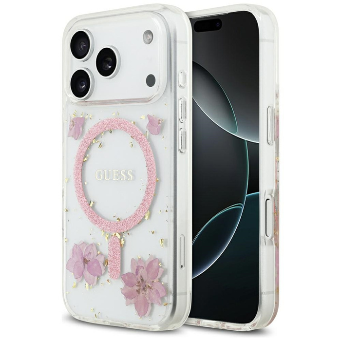 Etui Guess Resin Flowers Glitter MagSafe do iPhone 17 Pro różowy
