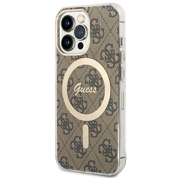 Zestaw Etui Guess Case+ Charger iPhone 13 Pro brązowy/brown hard case 4G Print MagSafe