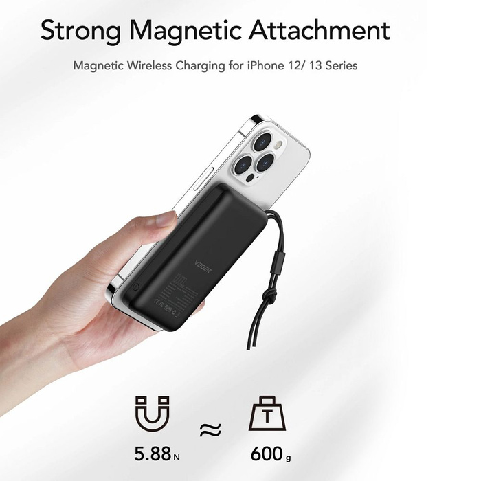 VEGER powerbank 10000 mAh z ładowaniem indukcyjnym kompatybilny z MagSafe PD QC3.0 2A 20W MagOn (VP1151 / W1151) biały
