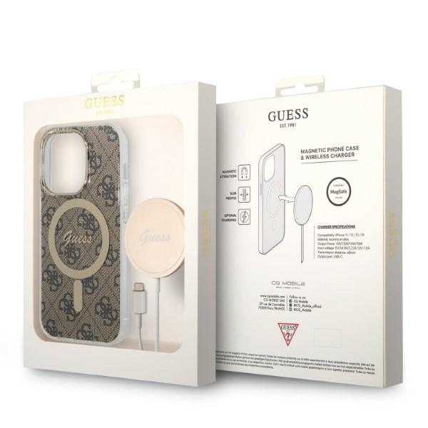 Zestaw Etui Guess Case+ Charger iPhone 14 Pro Max 6,7" brązowy/brown hard case 4G Print MagSafe