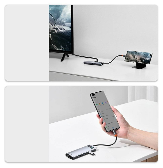 Baseus Metal Gleam 8w1 wielofunkcyjny HUB USB Typ C - USB Typ C Power Delivery 100 W / HDMI 4K 30 Hz / czytnik kart SD i microSD / 3x USB 3.2 Gen 1 / RJ45 1 Gbps Szary (CAHUB-CV0G)