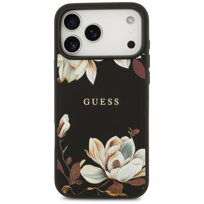 Etui Guess Grained Flowers Classic Logo  MagSafe do iPhone 17 Pro Max czarny
