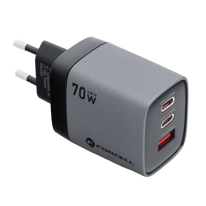 Ładowarka sieciowa do telefonu Forcell F-Energy GaN III 2 x USB C + USB A QC4.0 3,45A PD 70W SAM SFC2.0 z wyświetlaczem LCD VT-37 szara