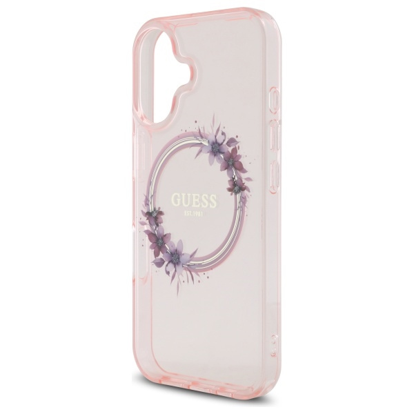 Etui Guess iPhone 16 6.1" różowy/pink hardcase IML Flowers Wreath MagSafe